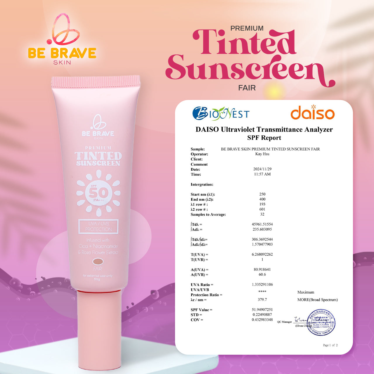 BE BRAVE PREMIUM TINTED SUNSCREEN SPF50 UVA/UVB BROAD SPECTRUM