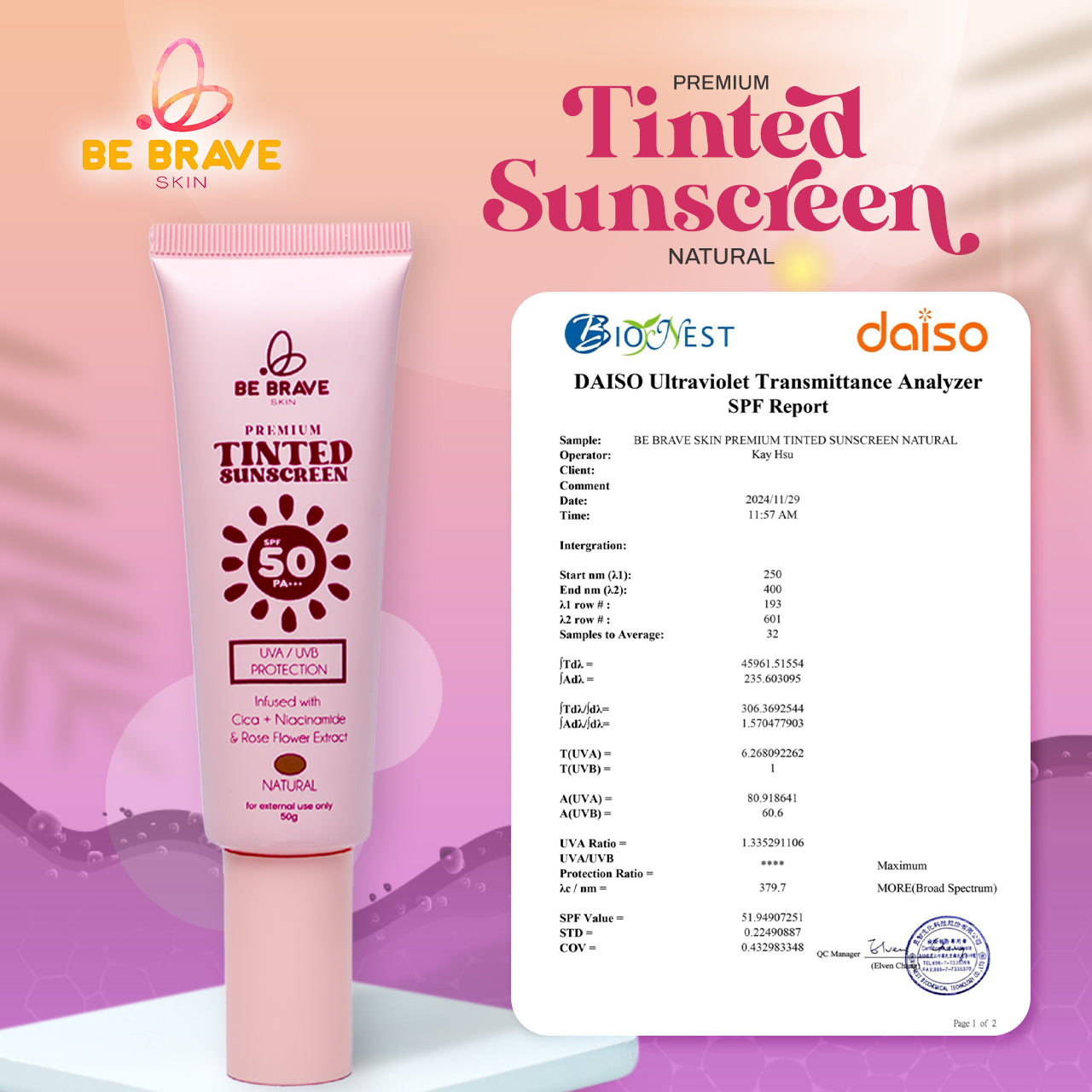 BE BRAVE PREMIUM TINTED SUNSCREEN SPF50 UVA/UVB BROAD SPECTRUM